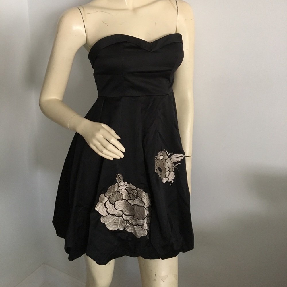 strapless black mini bubble dress with embroidered flowers